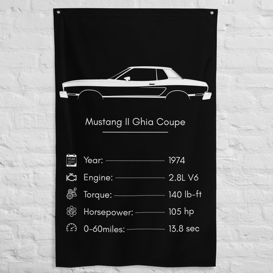 Ford Mustang II Ghia Coupe 1974 car silhouette spec flag - White Brick Wall