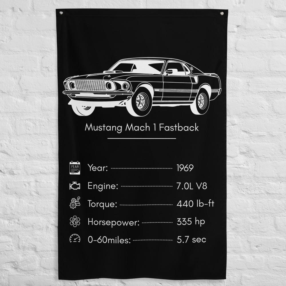 Ford Mustang Mach 1 Fastback 1969 (Design 2) car silhouette spec flag - White Brick Wall