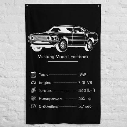 Ford Mustang Mach 1 Fastback 1969 (Design 2) car silhouette spec flag - White Brick Wall