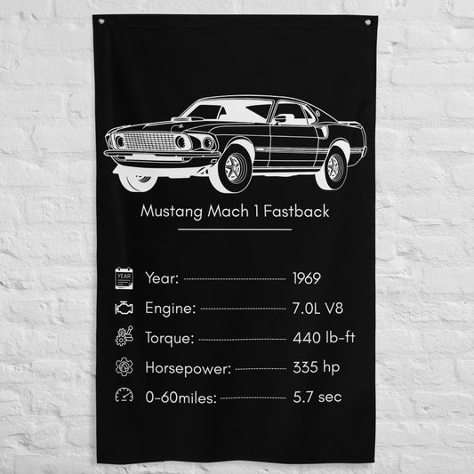 Ford Mustang Mach 1 Fastback 1969 (Design 2) car silhouette spec flag - White Brick Wall