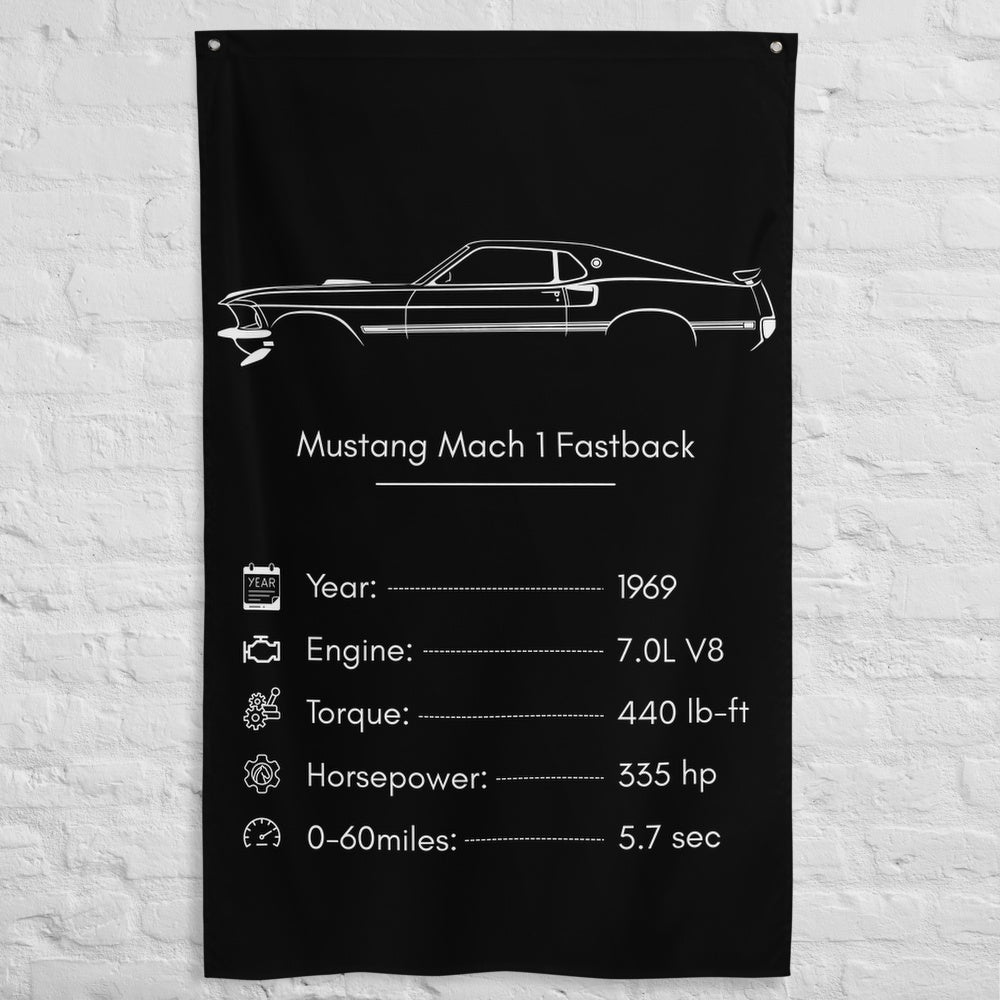 Ford Mustang Mach 1 Fastback 1969 car silhouette spec flag - White Brick Wall