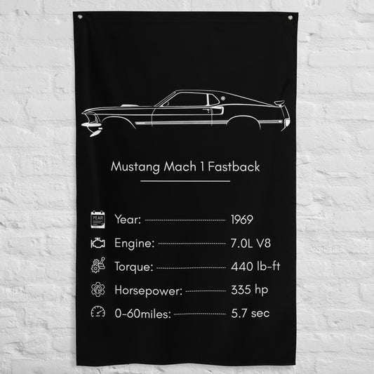 Ford Mustang Mach 1 Fastback 1969 car silhouette spec flag - White Brick Wall