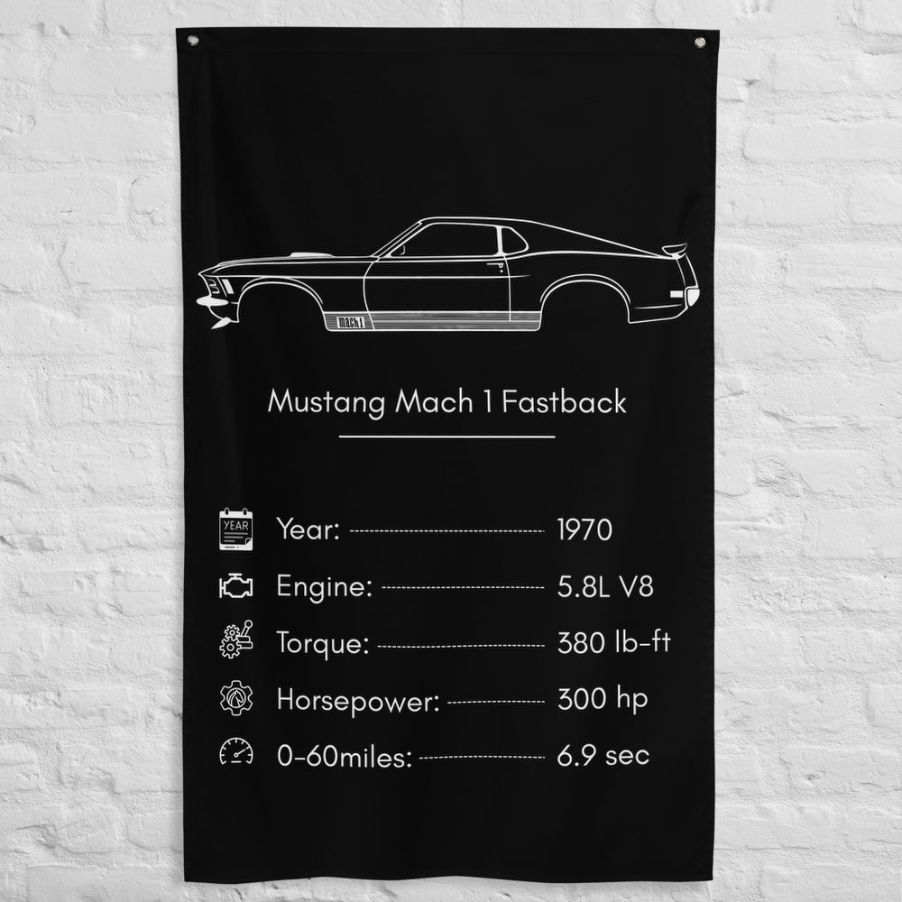 Ford Mustang Mach 1 Fastback 1970 car silhouette spec flag - White Brick Wall
