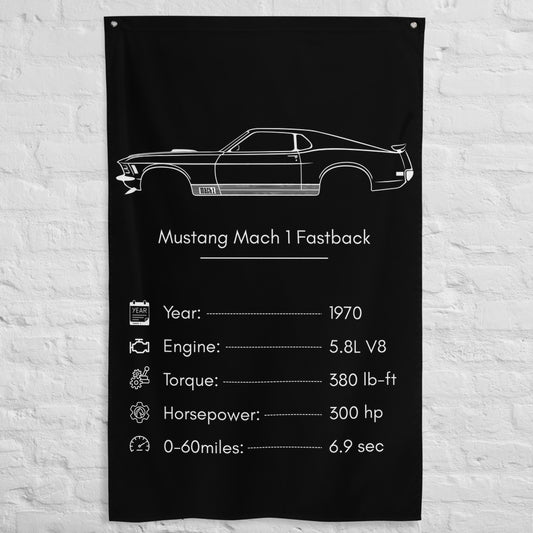 Ford Mustang Mach 1 Fastback 1970 car silhouette spec flag - White Brick Wall