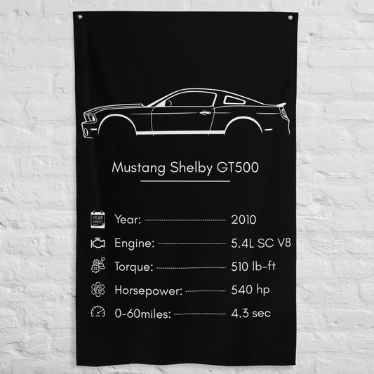 Ford Mustang Shelby GT500 2010 car silhouette spec flag - White Brick Wall