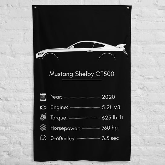 Ford Mustang Shelby GT500 2020 (Design 2) car silhouette spec flag - White Brick Wall