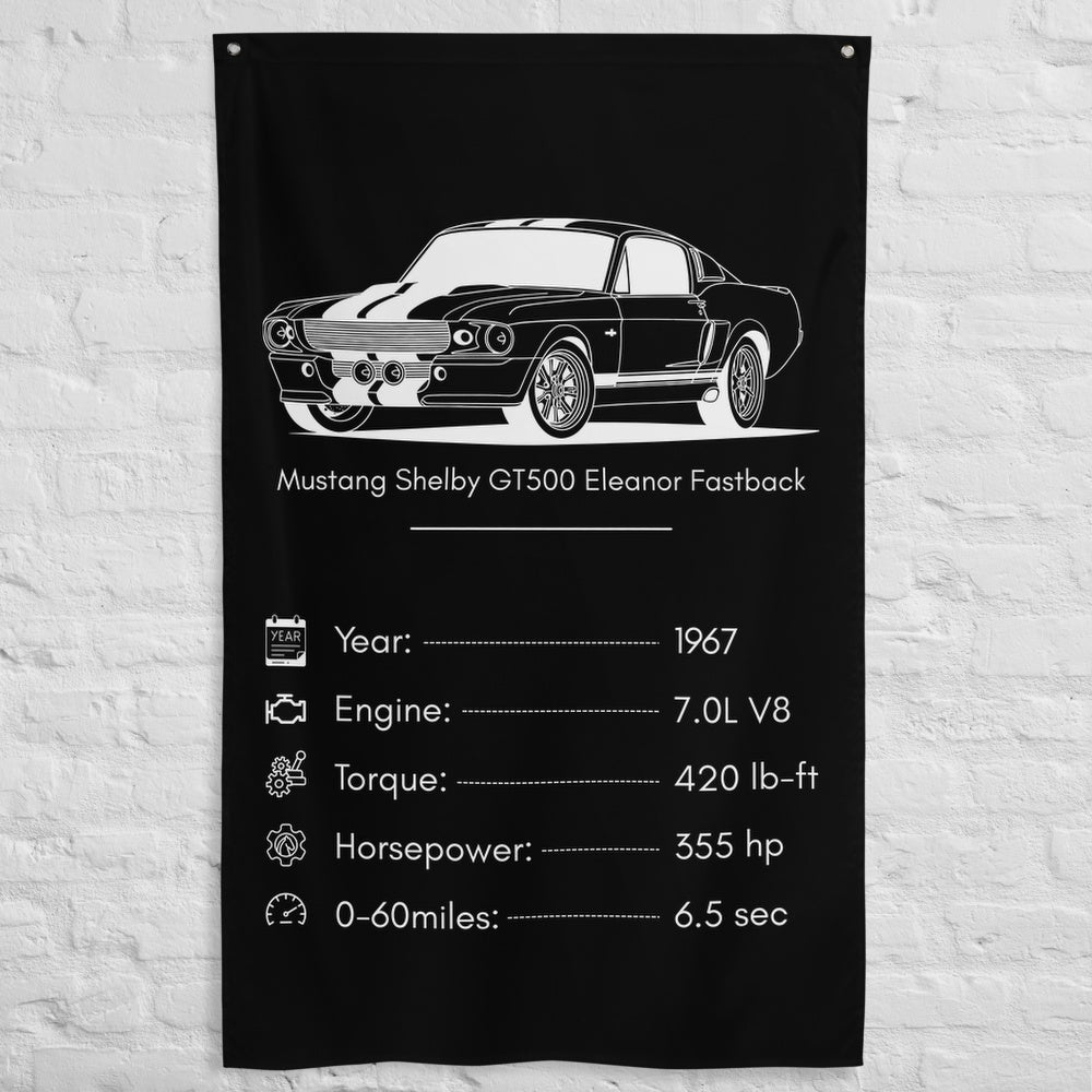 Ford Mustang Shelby GT500 Eleanor Fastback 1967 car silhouette spec flag - White Brick Wall
