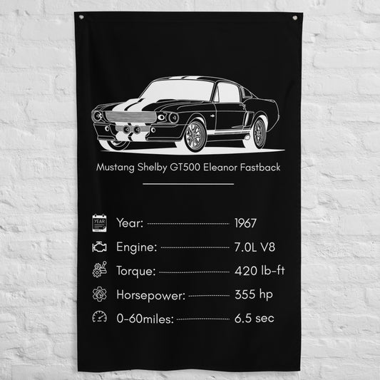 Ford Mustang Shelby GT500 Eleanor Fastback 1967 car silhouette spec flag - White Brick Wall