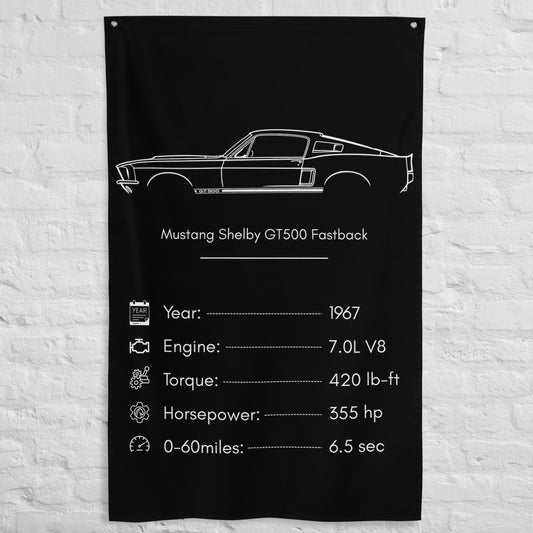 Ford Mustang Shelby GT500 Fastback 1967 car silhouette spec flag - White Brick Wall