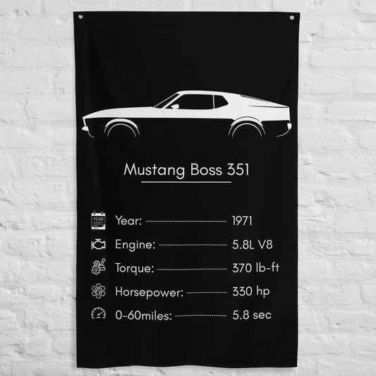 Ford Mustang Boss 351 1971 car silhouette spec flag - White Brick Wall