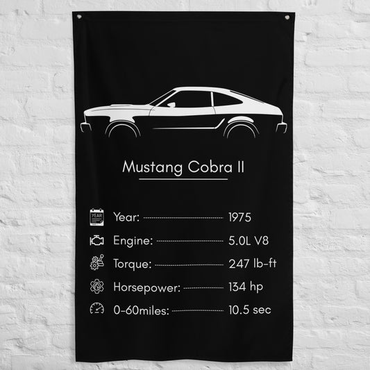 Ford Mustang Cobra II 1975 car silhouette spec flag - White Brick Wall
