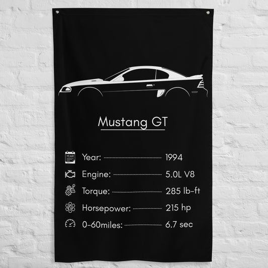 Ford Mustang GT 1994 car silhouette spec flag - White Brick Wall