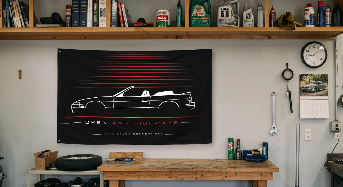 Nissan 240SX Convertible 1993 car silhouette flag - Garage Workbench