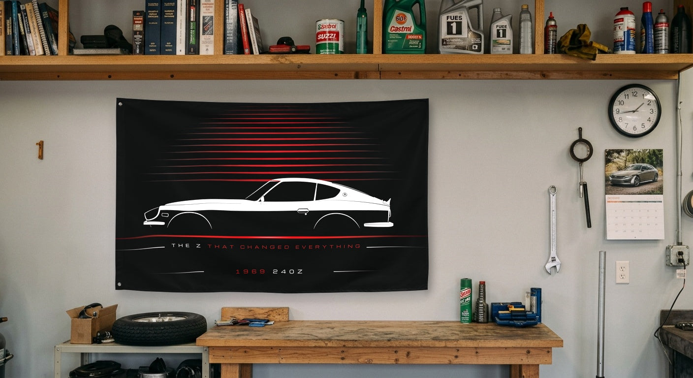 Nissan 240Z 1969 car silhouette flag - Garage Workbench