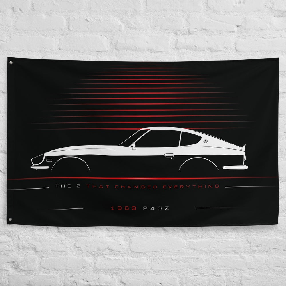 Nissan 240Z 1969 car silhouette flag - White Brick Wall