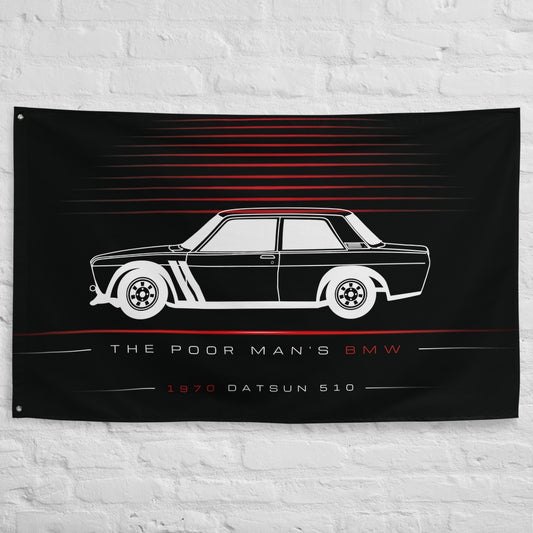 Nissan Datsun 510 1970 car silhouette flag - White Brick Wall