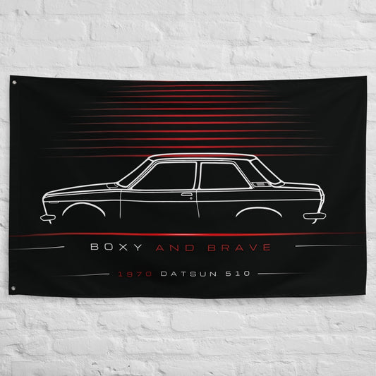 Nissan Datsun 510 1970 car silhouette flag - White Brick Wall