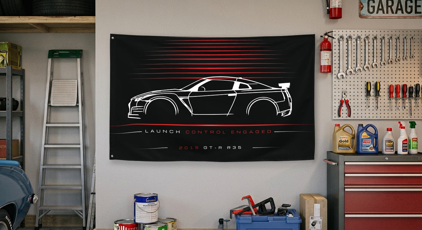 Nissan GT-R R35 2015 car silhouette flag - Garage Wall