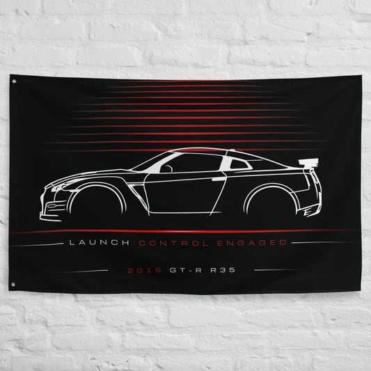 Nissan GT-R R35 2015 car silhouette flag - White Brick Wall