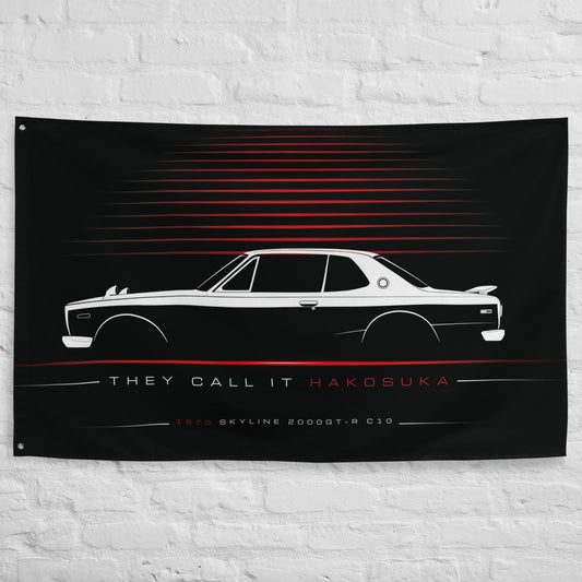 Nissan Skyline 2000GT-R C10 1970 car silhouette flag - White Brick Wall