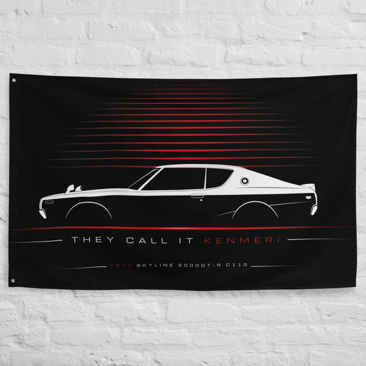 Nissan Skyline 2000GT-R C110 1973 car silhouette flag - White Brick Wall