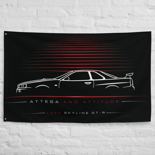 Nissan Skyline GT-R 1999 car silhouette flag - White Brick Wall