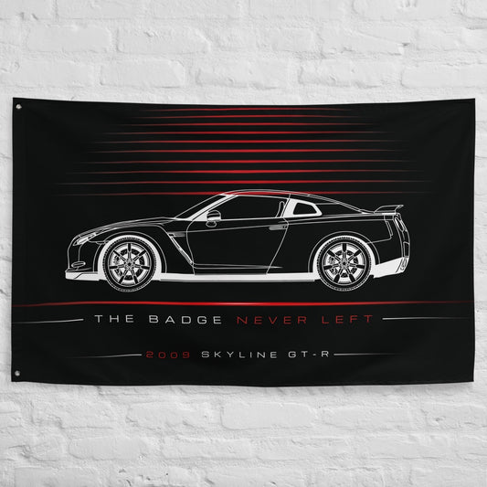 Nissan Skyline GT-R 2009 car silhouette flag - White Brick Wall