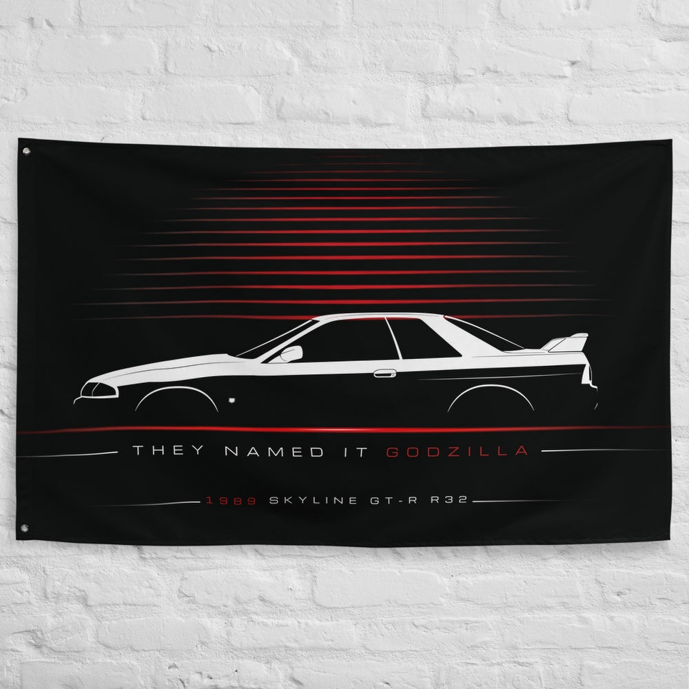 Nissan Skyline GT-R R32 1989 car silhouette flag - White Brick Wall