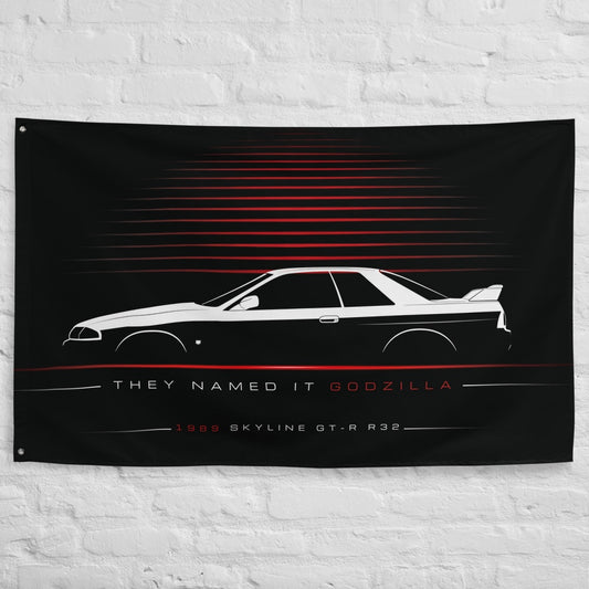 Nissan Skyline GT-R R32 1989 car silhouette flag - White Brick Wall