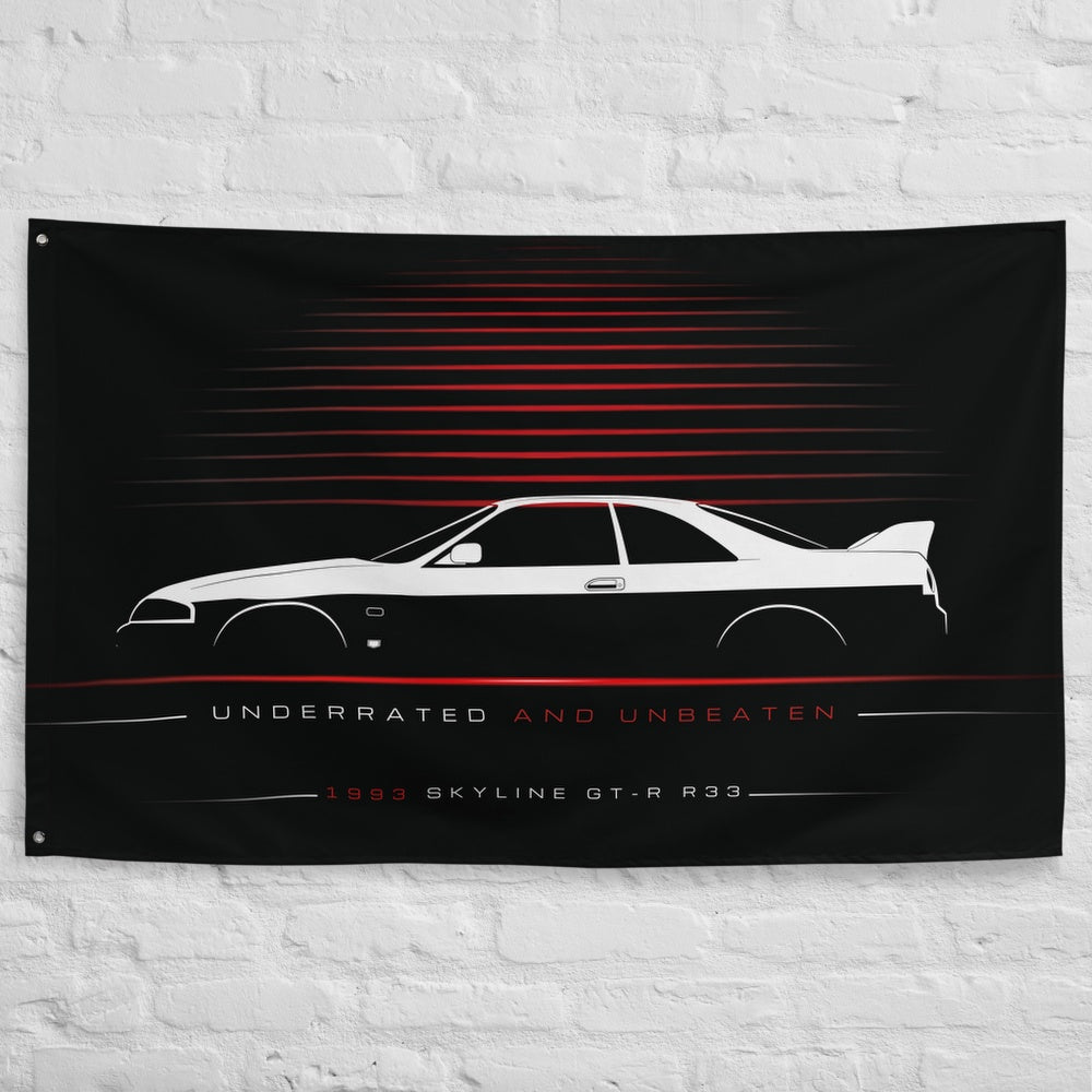 Nissan Skyline GT-R R33 1993 car silhouette flag - White Brick Wall