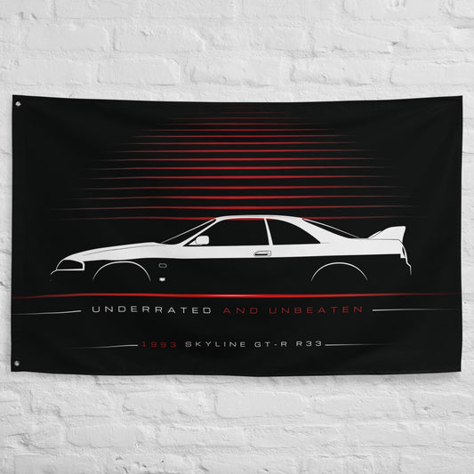 Nissan Skyline GT-R R33 1993 car silhouette flag - White Brick Wall