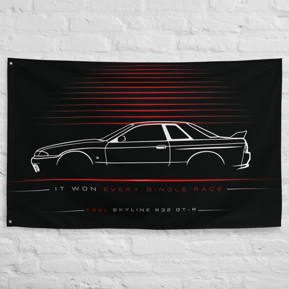 Nissan Skyline R32 GT-R 1991 car silhouette flag - White Brick Wall