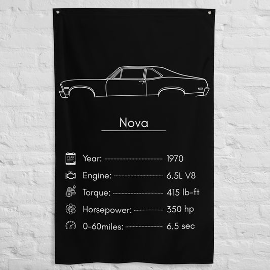 Chevrolet Nova 1970 car silhouette spec flag - White Brick Wall
