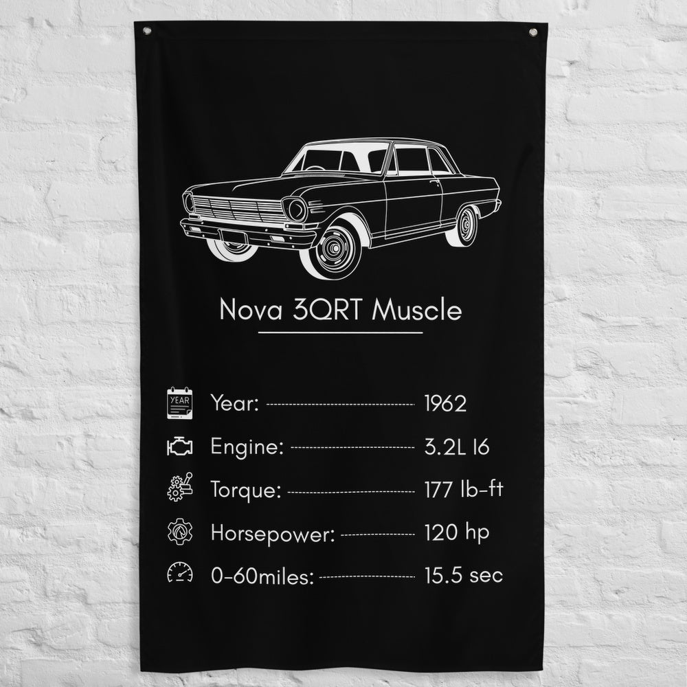 Chevrolet Nova 3QRT Muscle 1962 car silhouette spec flag - White Brick Wall