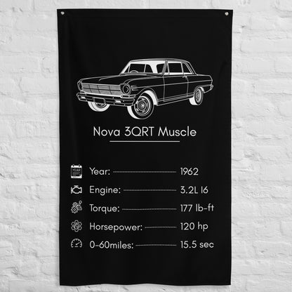 Chevrolet Nova 3QRT Muscle 1962 car silhouette spec flag - White Brick Wall