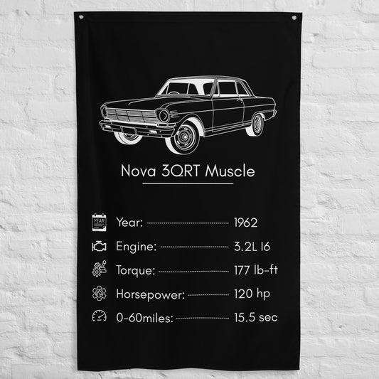 Chevrolet Nova 3QRT Muscle 1962 car silhouette spec flag - White Brick Wall