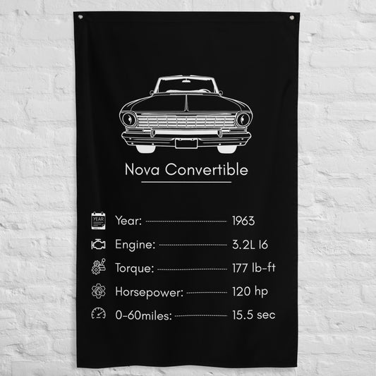 Chevrolet Nova Convertible 1963 car silhouette spec flag - White Brick Wall