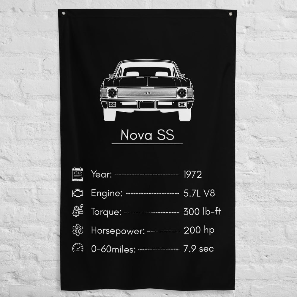 Chevrolet Nova SS 1972 car silhouette spec flag - White Brick Wall