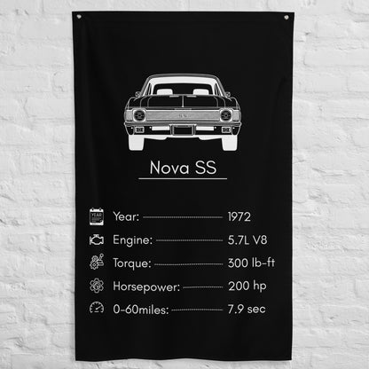 Chevrolet Nova SS 1972 car silhouette spec flag - White Brick Wall
