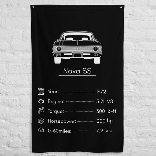 Chevrolet Nova SS 1972 car silhouette spec flag - White Brick Wall