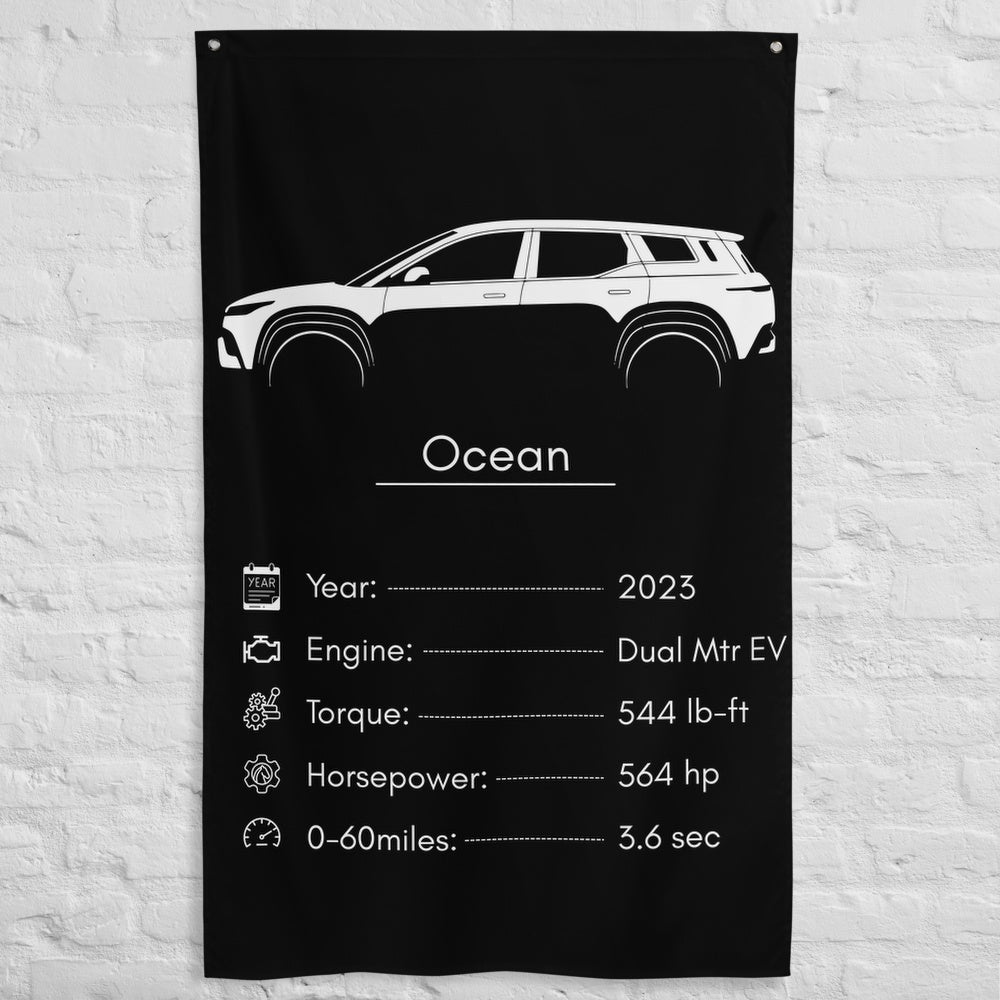 Fisker Ocean 2023 car silhouette spec flag - White Brick Wall