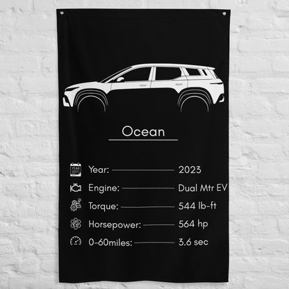 Fisker Ocean 2023 car silhouette spec flag - White Brick Wall