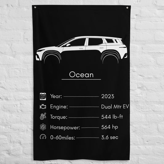 Fisker Ocean 2023 car silhouette spec flag - White Brick Wall