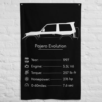 Mitsubishi Pajero Evolution 1997 car silhouette spec flag - White Brick Wall