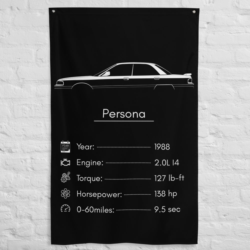 Mazda Persona 1988 car silhouette spec flag - White Brick Wall