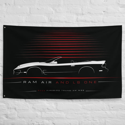 Pontiac Firebird Trans-Am WS6 Ram Air 2002 car silhouette flag - White Brick Wall