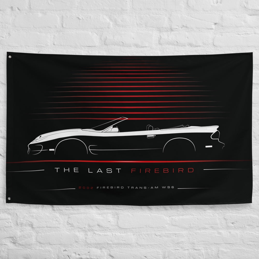 Pontiac Firebird Trans-Am WS6 Ram Air Collector Edition 2002 car silhouette flag - White Brick Wall