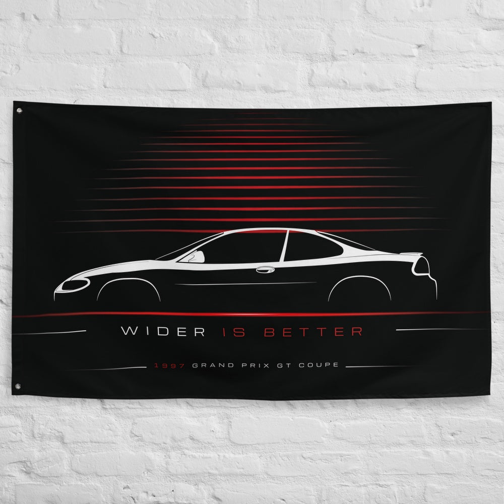 Pontiac Grand Prix GT Coupe 1997 car silhouette flag - White Brick Wall