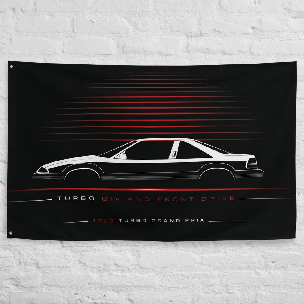 Pontiac Turbo Grand Prix 1989 car silhouette flag - White Brick Wall