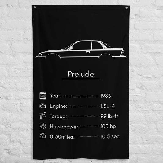 Honda Prelude 1983 car silhouette spec flag - White Brick Wall